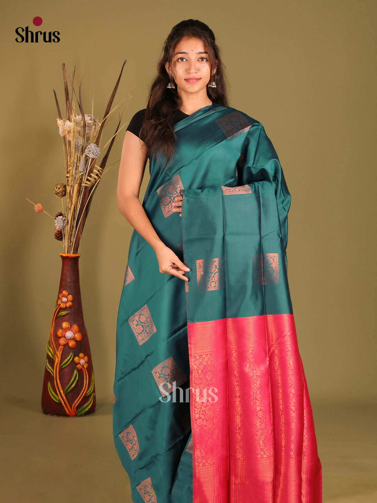 Green & Pink - Semi Softsilk Saree - Shop on Shrus.com