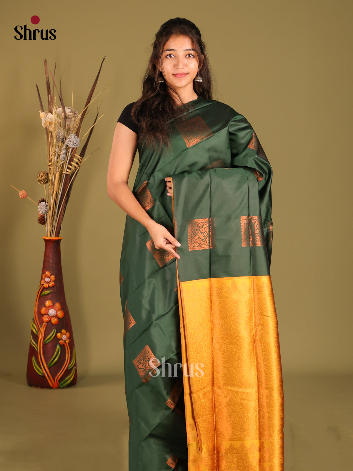 Green & Yellow - Semi Softsilk Saree - Shop on Shrus.com