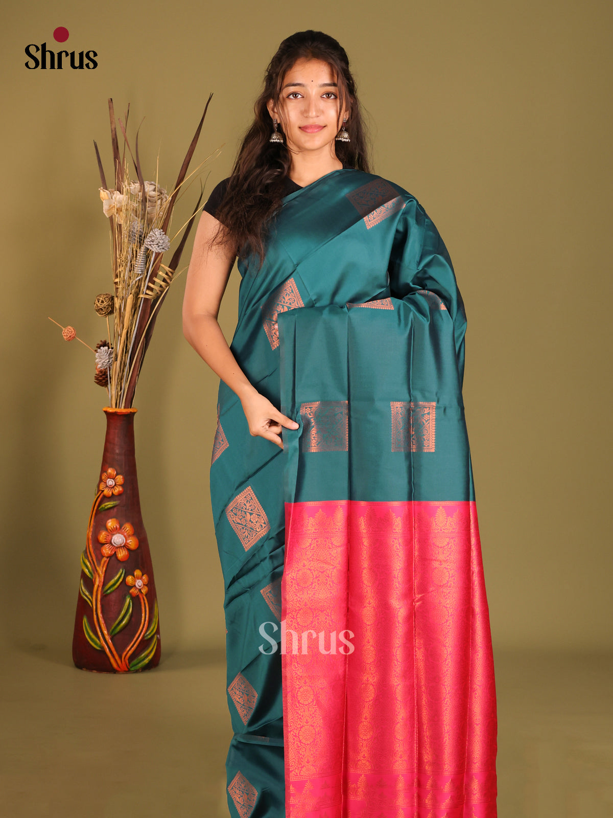 Green & Pink - Semi Softsilk Saree - Shop on Shrus.com