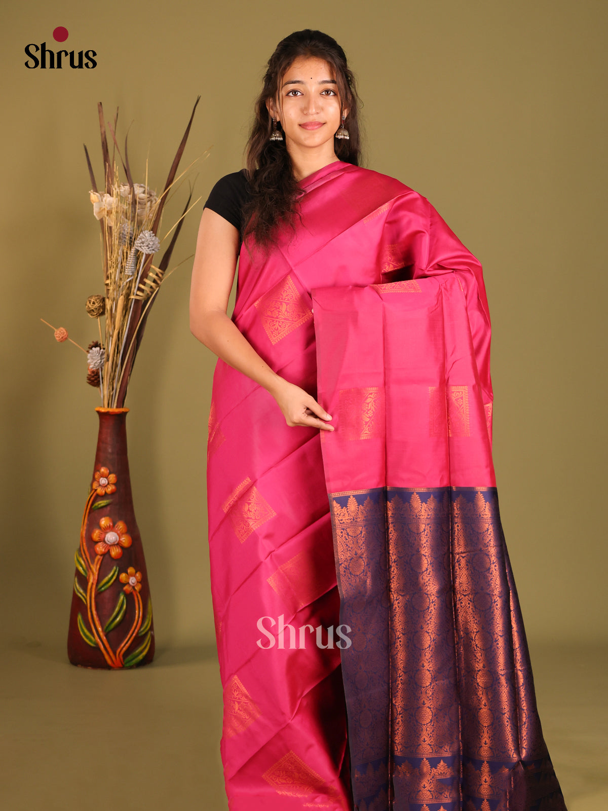 Pink & Blue - Semi Softsilk Saree - Shop on Shrus.com