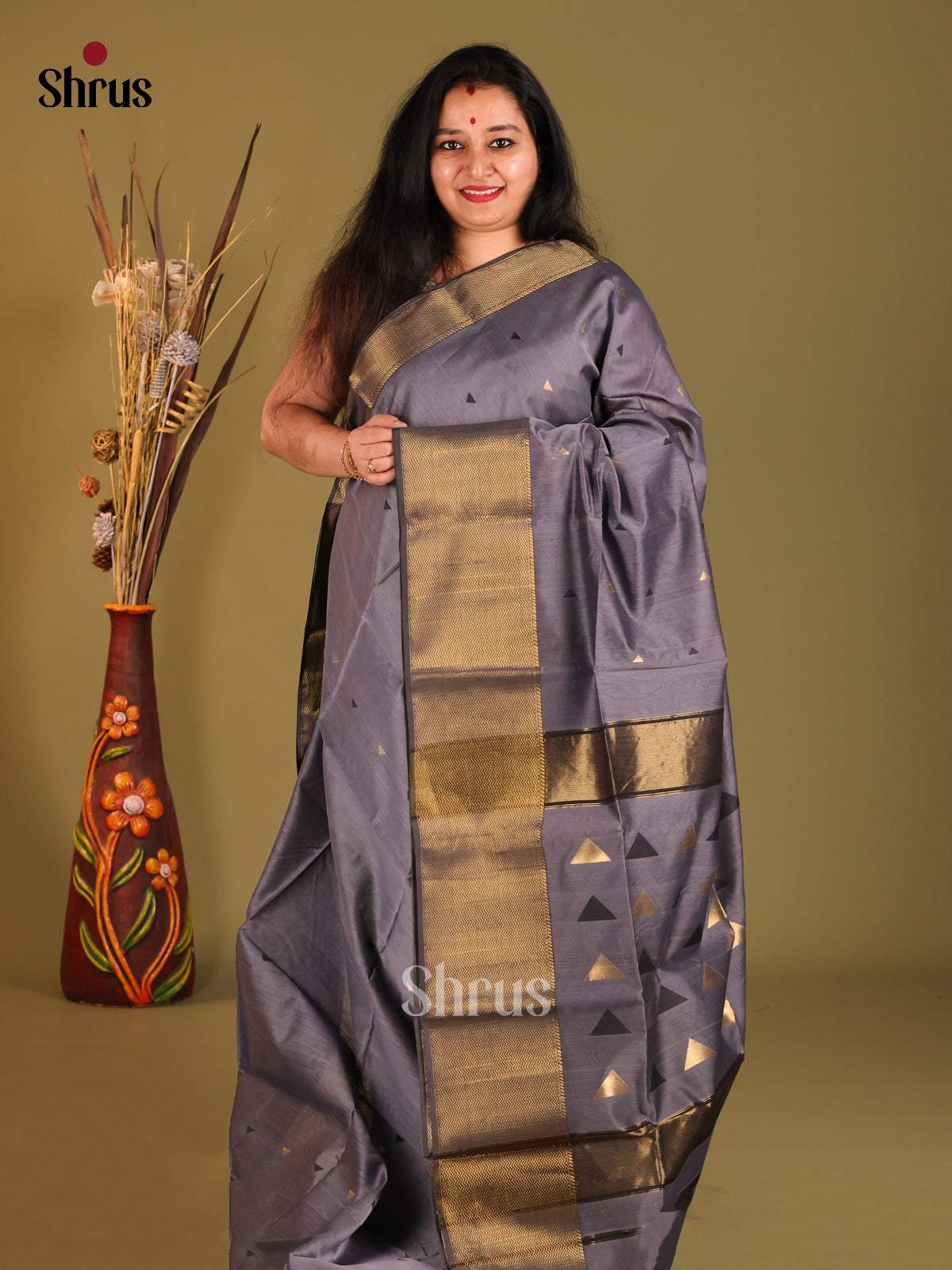 Grey Maheshwari silkcotton Saree
