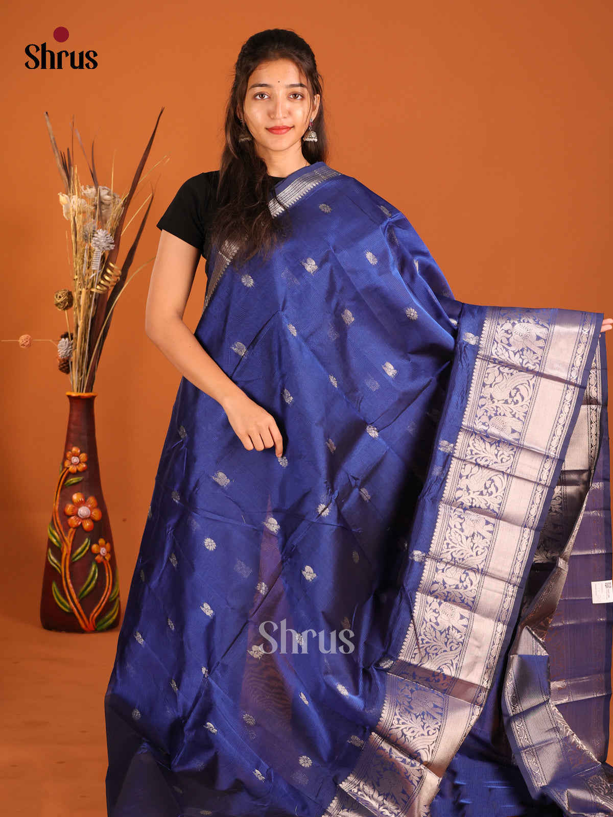 Blue single tone Mangalagiri silkcotton Saree with traditional rich zari border -1