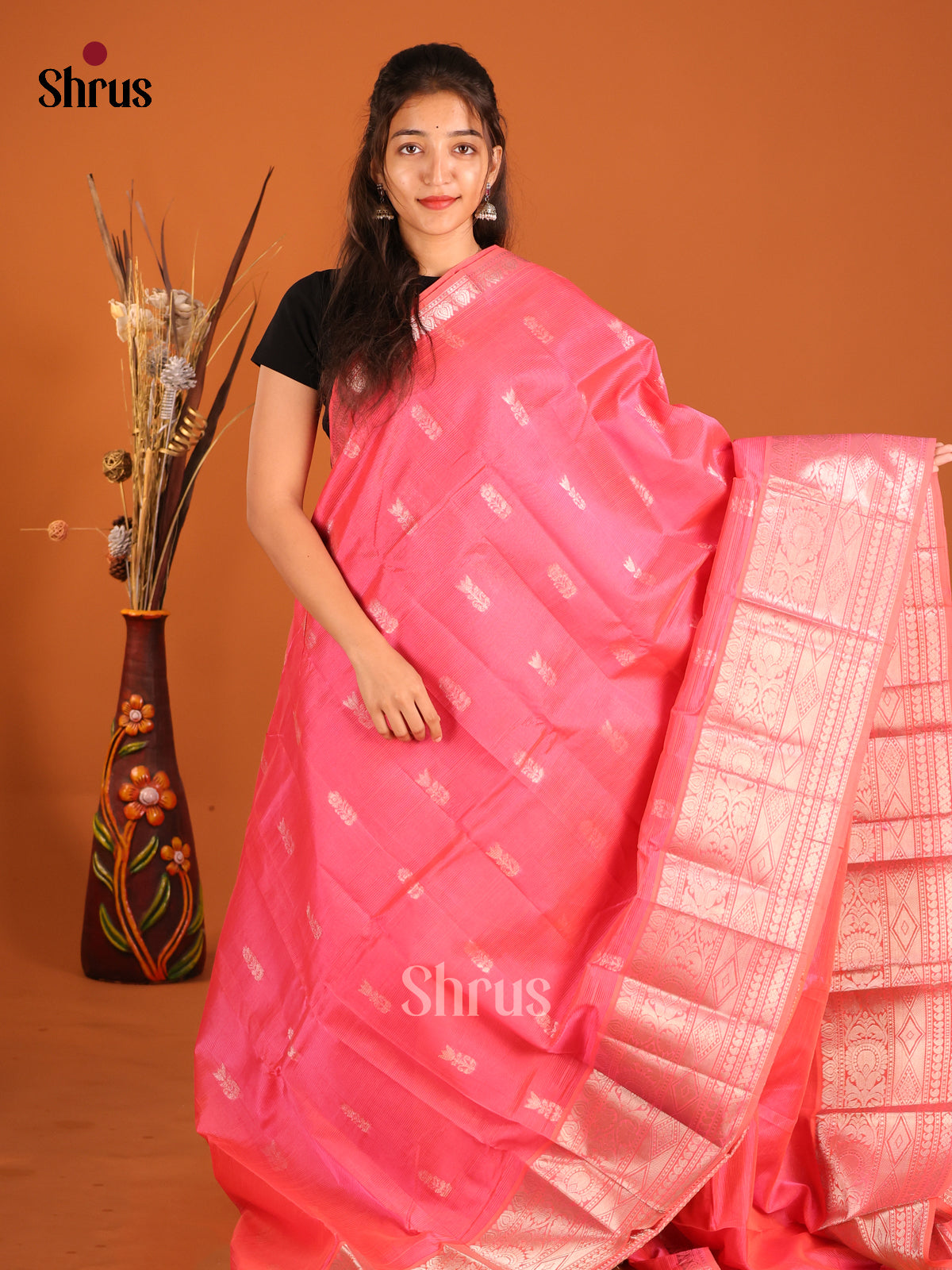 Pink single tone Mangalagiri silkcotton Saree with zari buttas -1