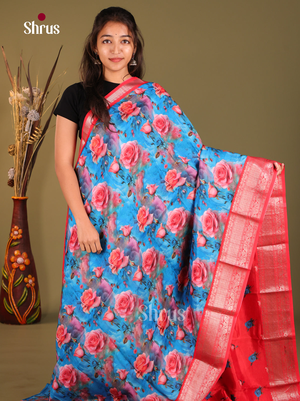 Blue & Red- Mangalagiri printed silkcotton Saree