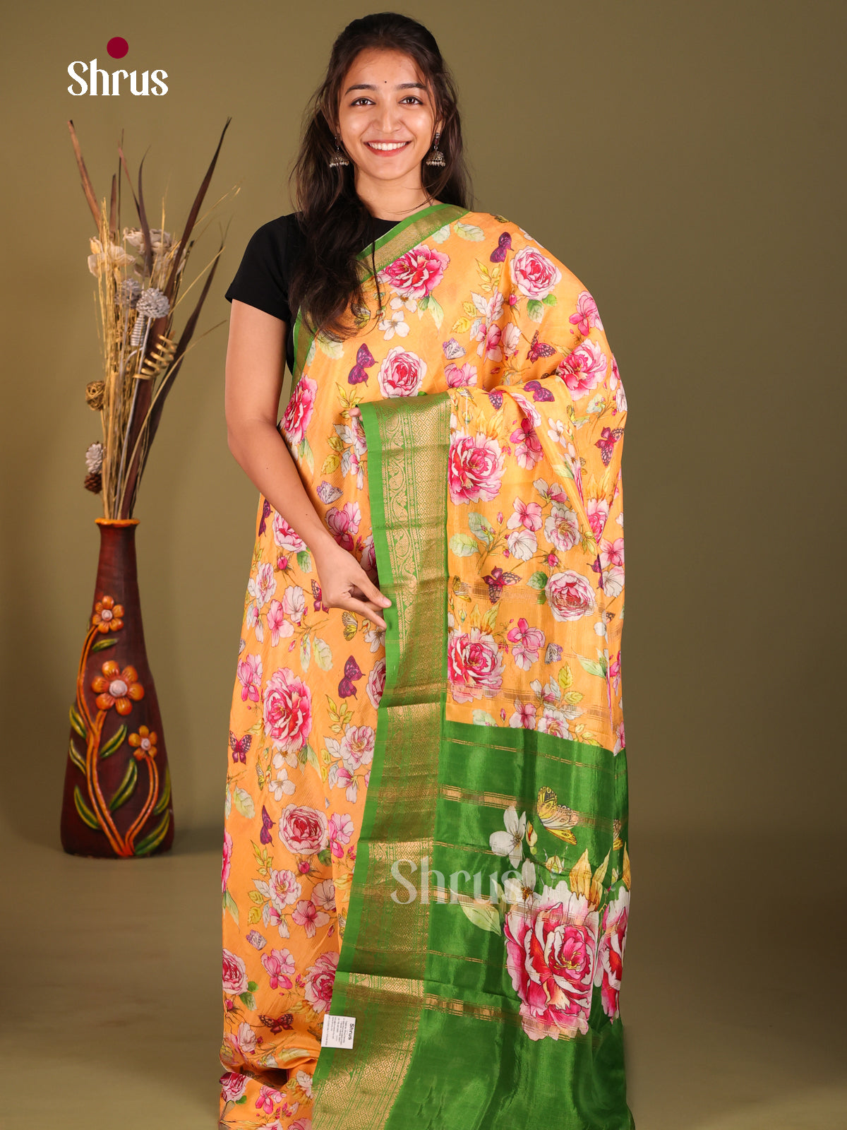 Mustard & Green - Mangalagiri printed silkcotton Saree - Shop on Shrus.com