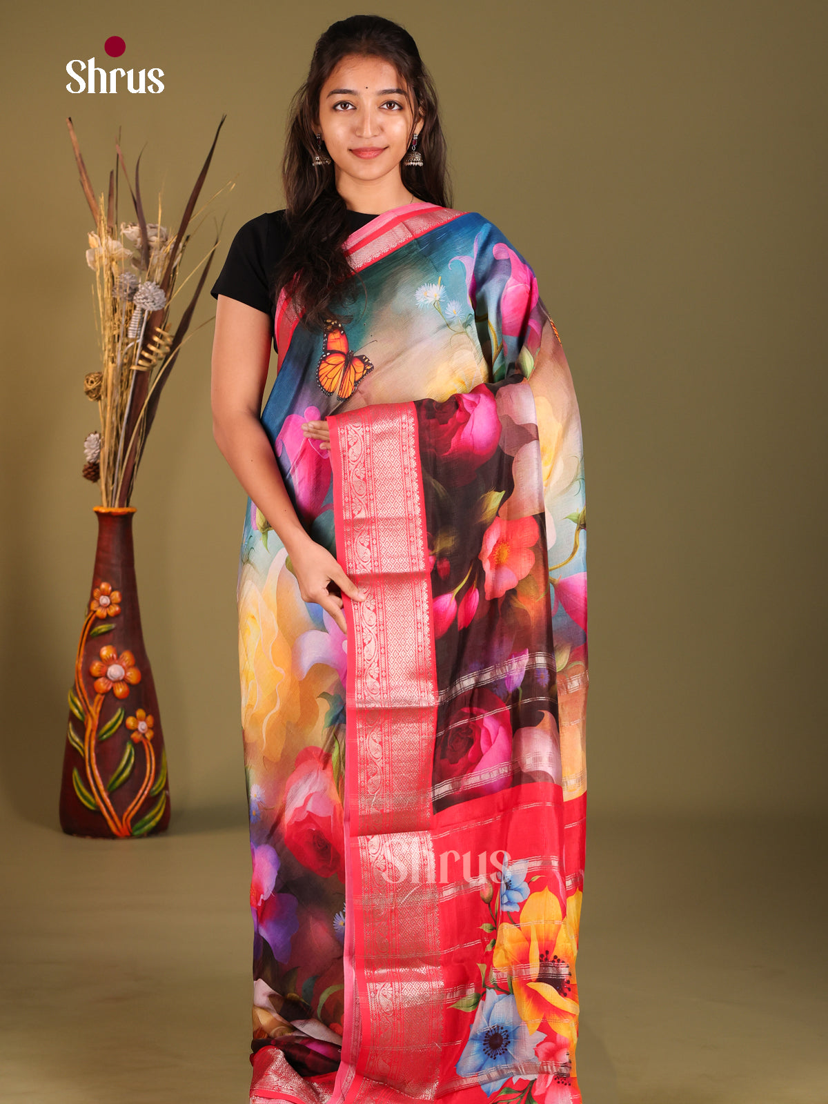 Blue & Red- Mangalagiri printed silkcotton Saree