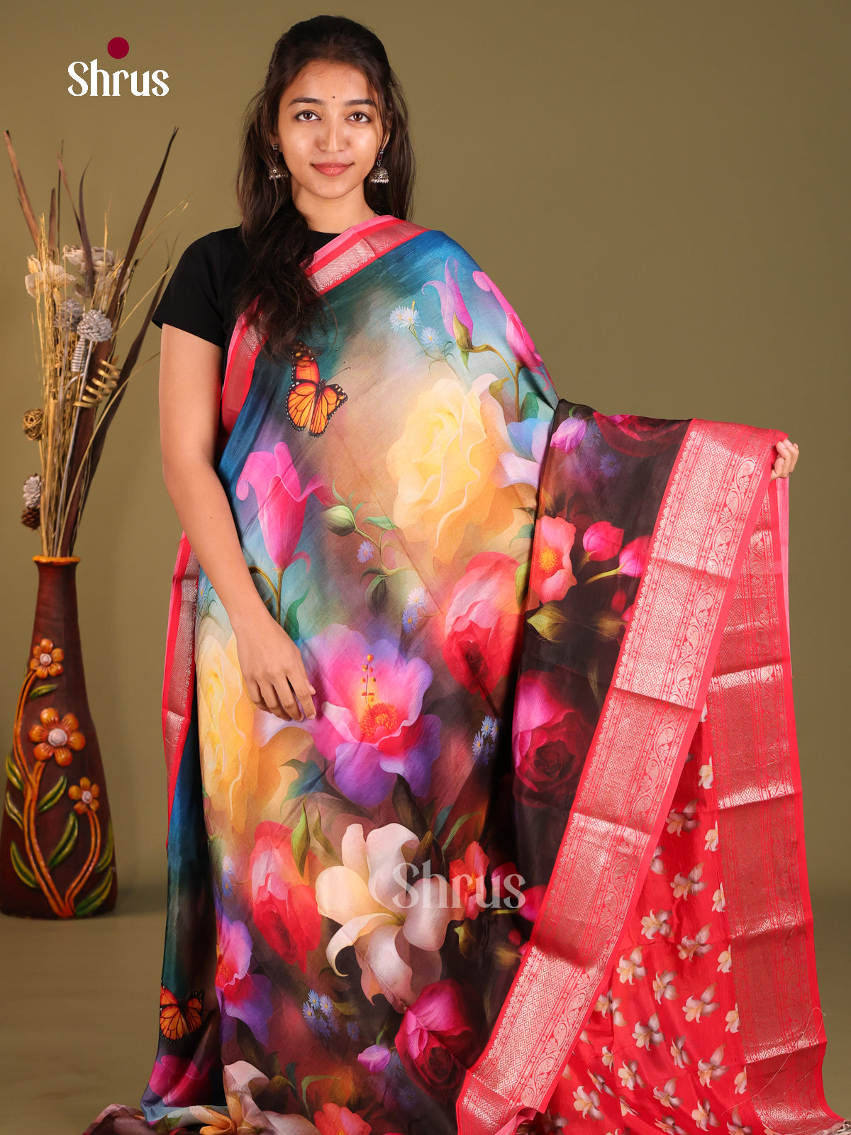 Blue & Red- Mangalagiri printed silkcotton Saree