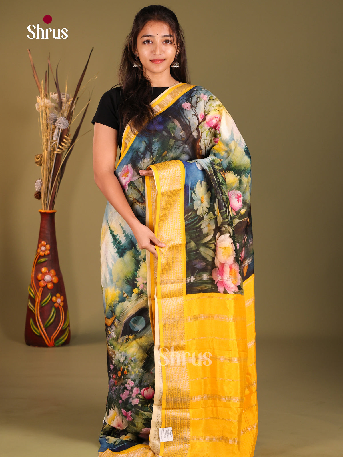 Blue & Yellow - Mangalagiri printed silkcotton Saree