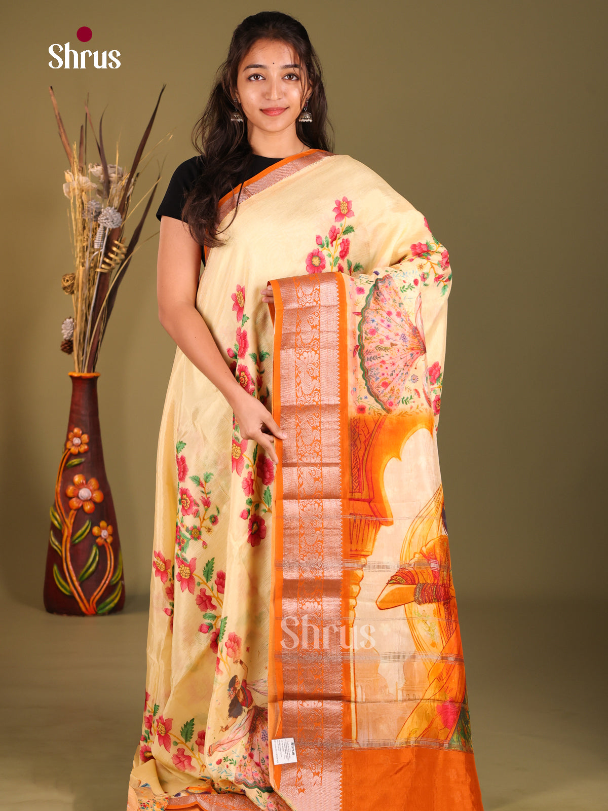 Cream & Orange - Mangalagiri printed silkcotton Saree