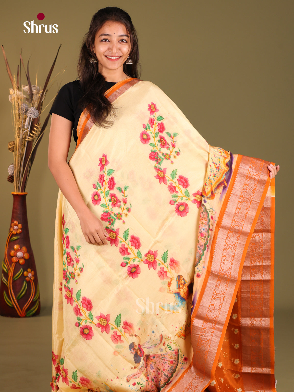 Cream & Orange - Mangalagiri printed silkcotton Saree