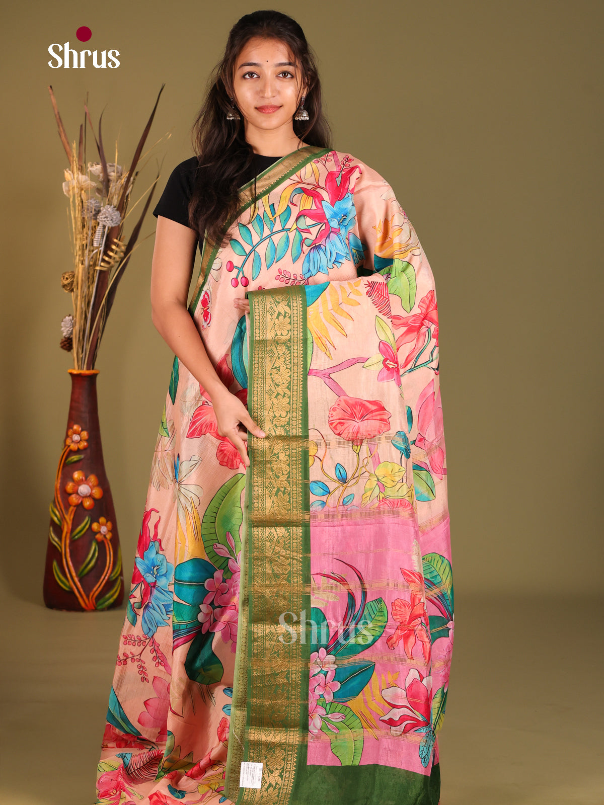 Pink & Green - Mangalagiri printed silkcotton Saree - Shop on Shrus.com