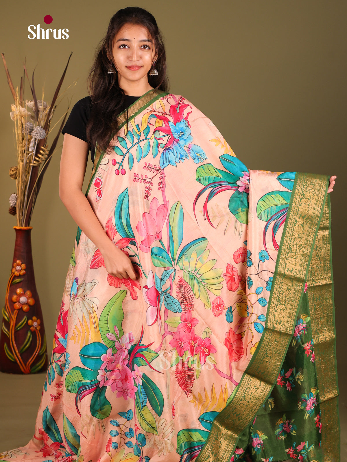 Pink & Green - Mangalagiri printed silkcotton Saree - Shop on Shrus.com