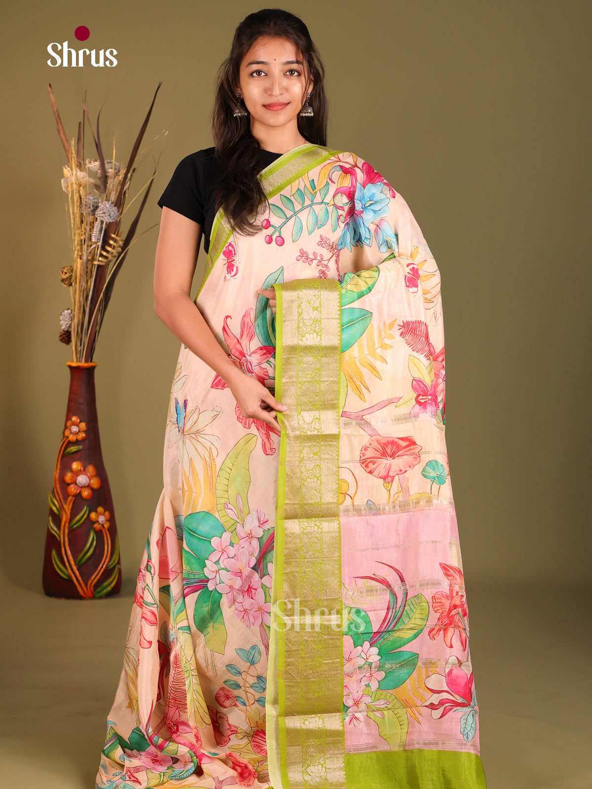 Pink & Green - Mangalagiri printed silkcotton Saree - Shop on Shrus.com