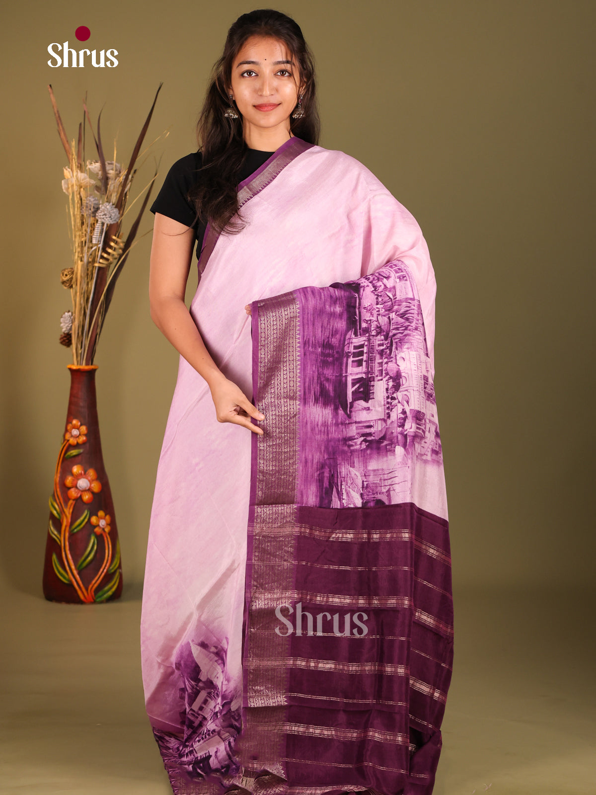 Mild Lavender & Violet - Mangalagiri printed silkcotton Saree - Shop on Shrus.com