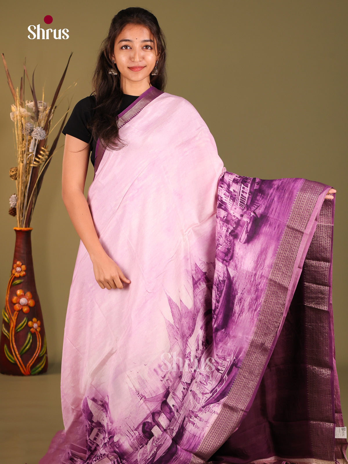 Mild Lavender & Violet - Mangalagiri printed silkcotton Saree - Shop on Shrus.com