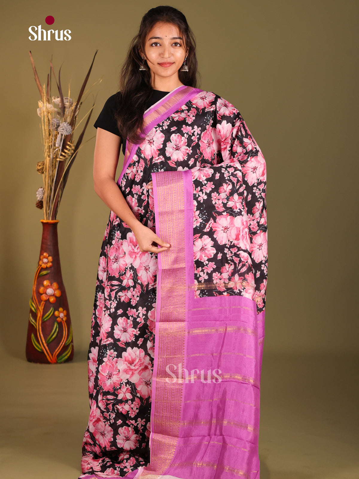 Black & Purple - Mangalagiri printed silkcotton Saree - Shop on Shrus.com