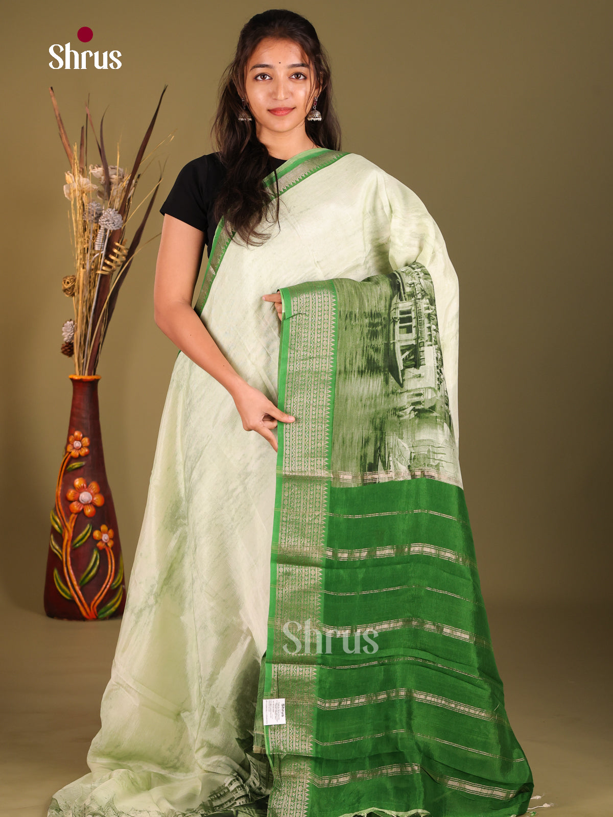Cream & Green - Mangalagiri printed silkcotton Saree