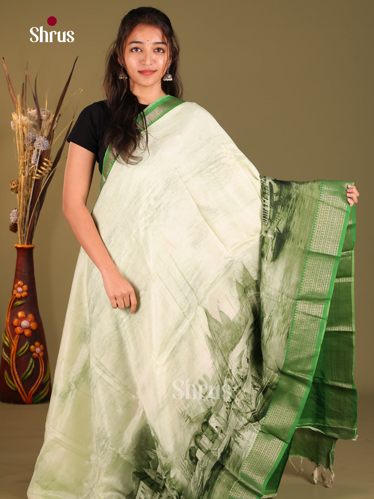 Cream & Green - Mangalagiri printed silkcotton Saree