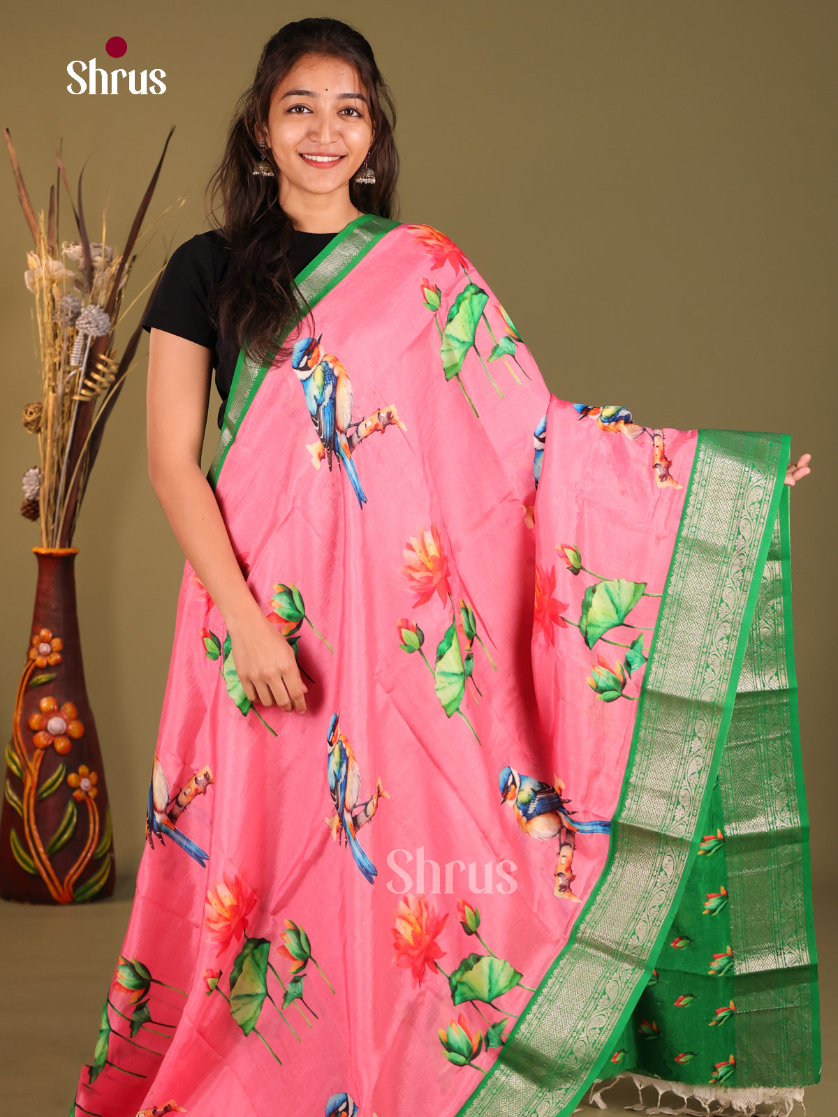 Pink & Green - Mangalagiri printed silkcotton Saree - Shop on Shrus.com