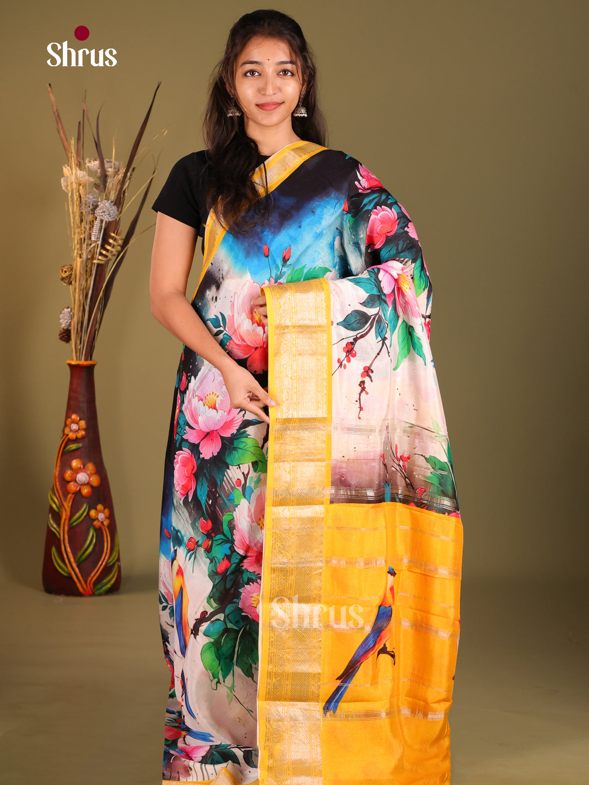 Blue & Yellow- Mangalagiri printed silkcotton Saree