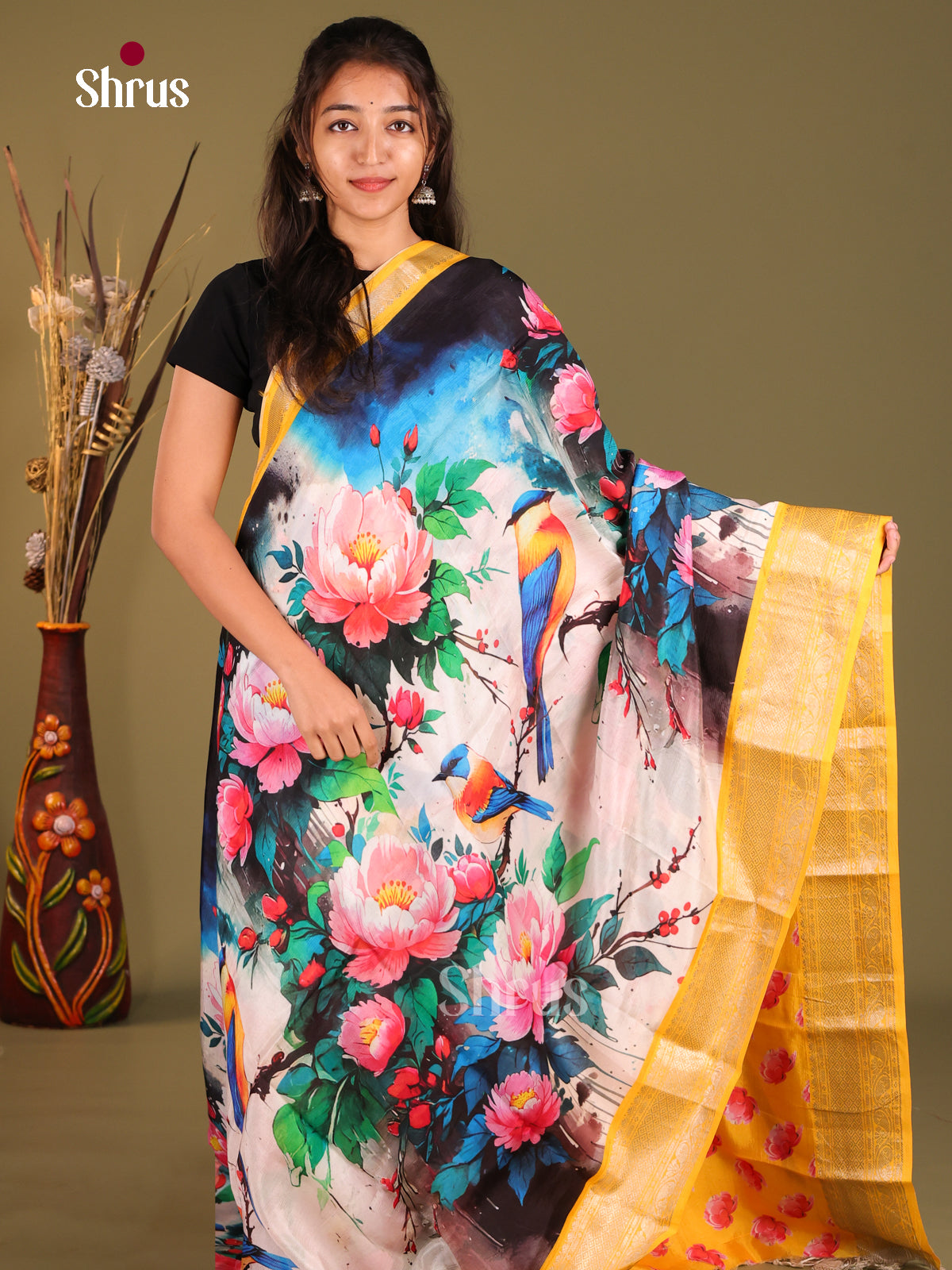 Blue & Yellow- Mangalagiri printed silkcotton Saree