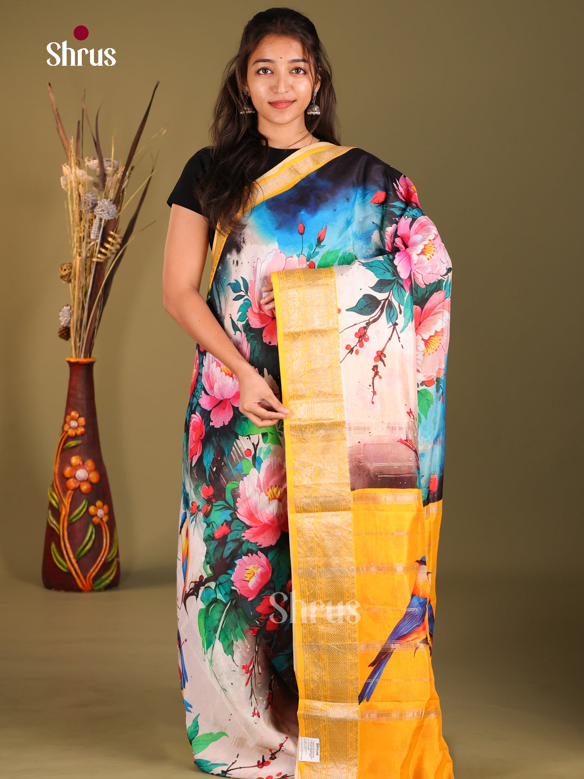 Cream & Yellow - Mangalagiri printed silkcotton Saree