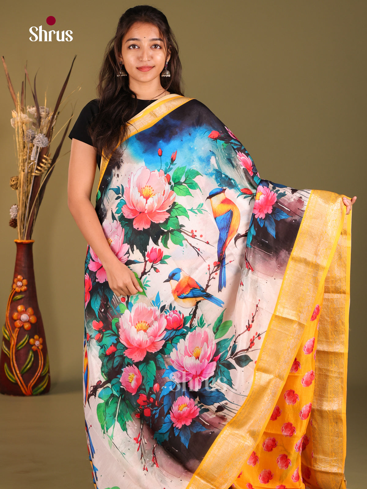 Cream & Yellow - Mangalagiri printed silkcotton Saree