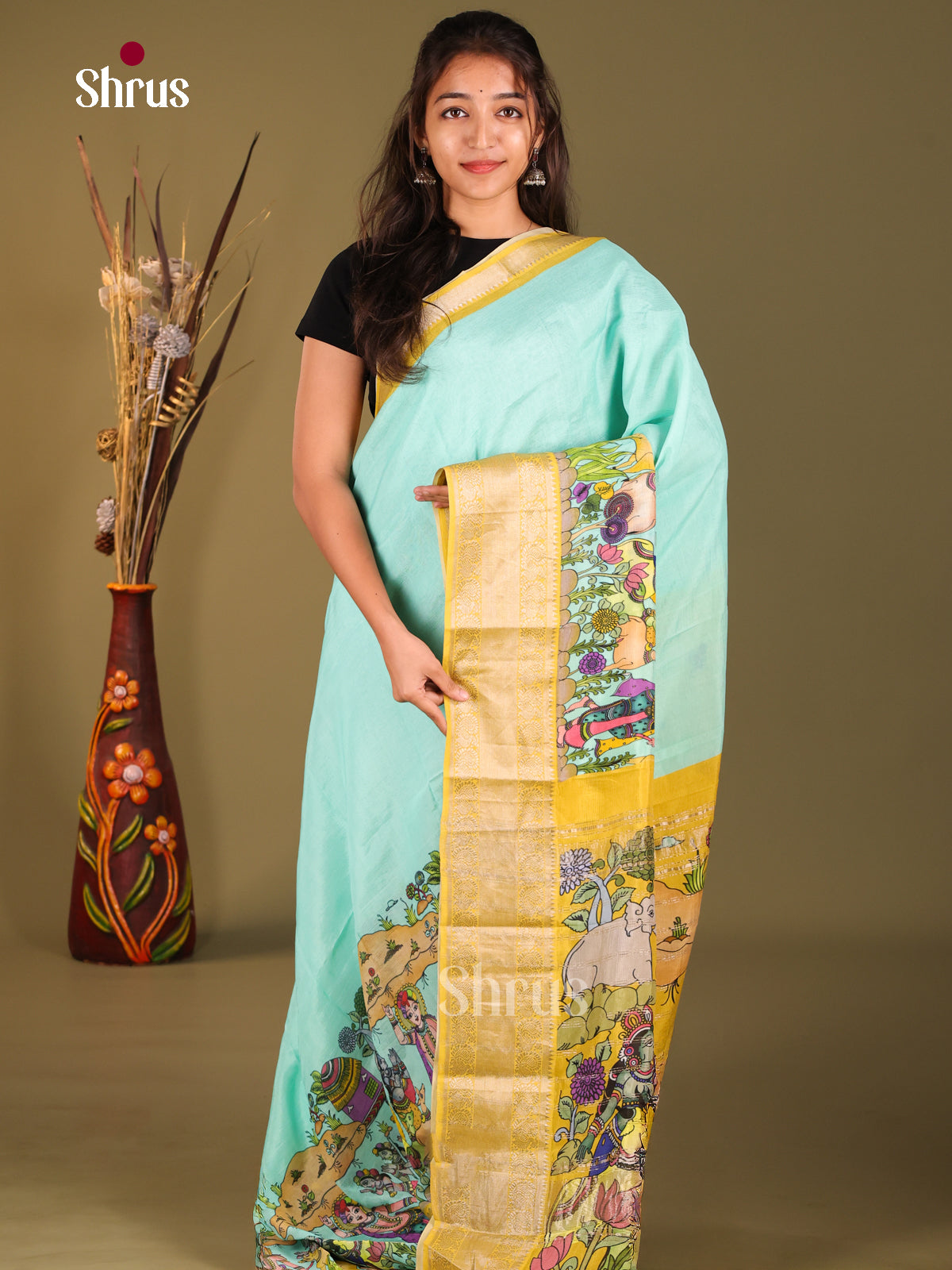 Pastel blue & Yellow- Mangalagiri printed silkcotton Saree - Shop on Shrus.com