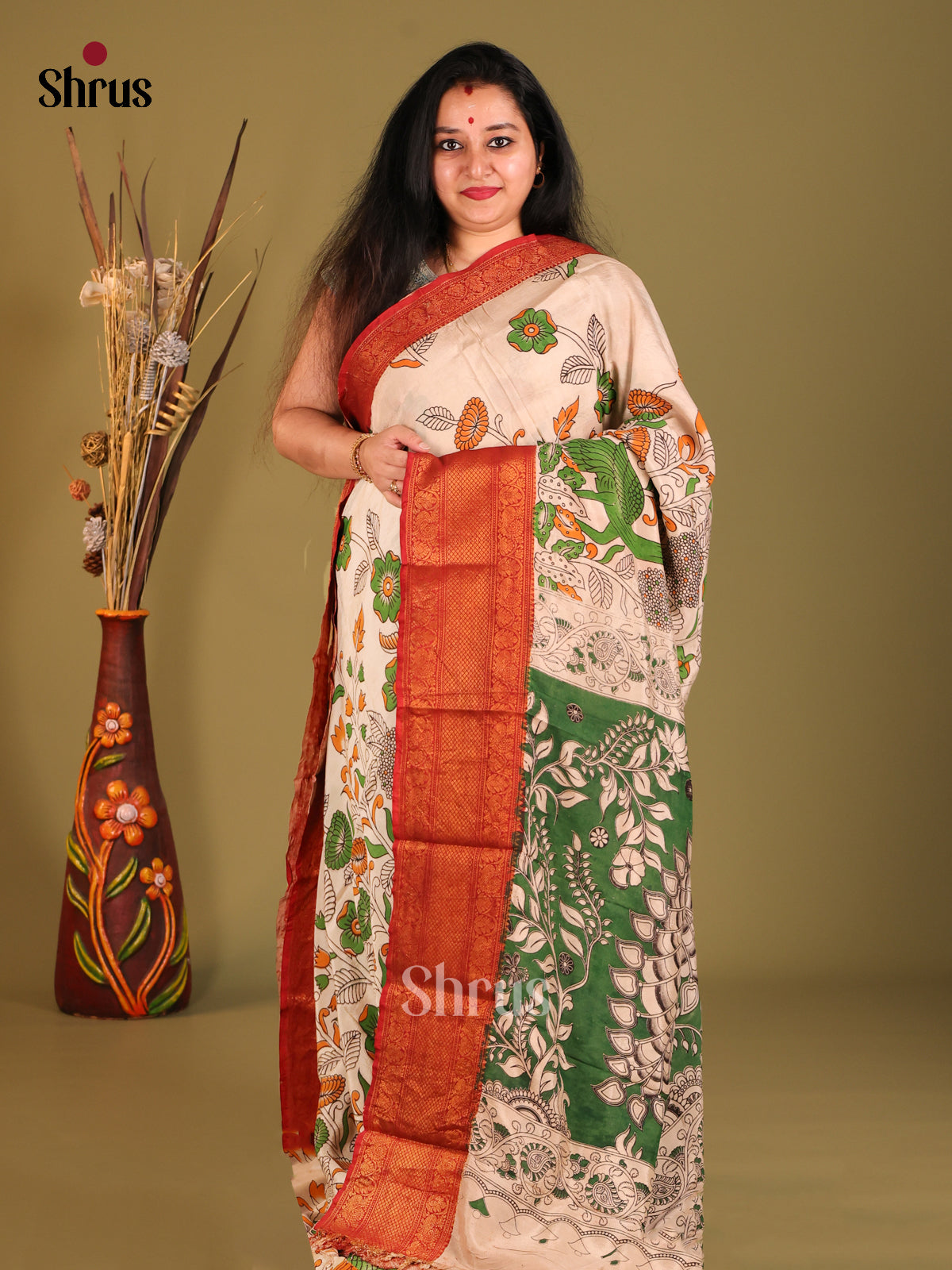Cream & Red - Mangalagiri silkcotton Saree