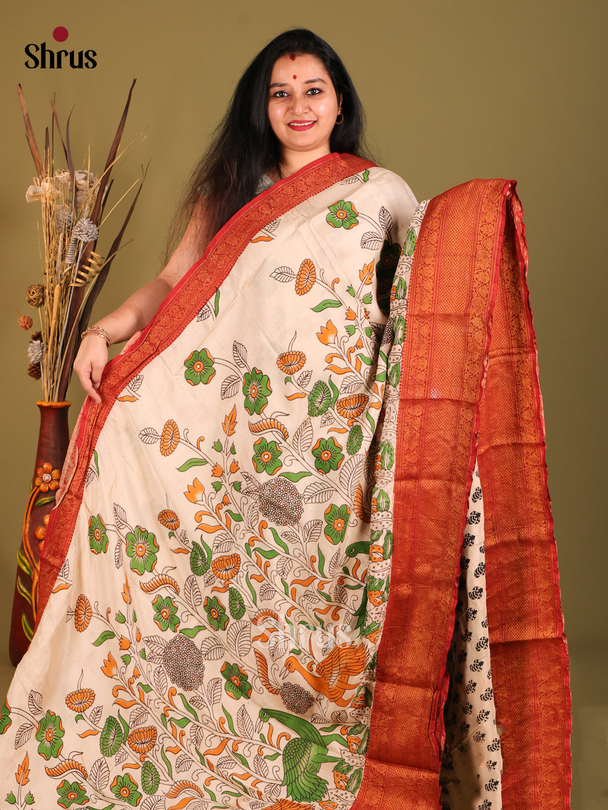 Cream & Red - Mangalagiri silkcotton Saree -1