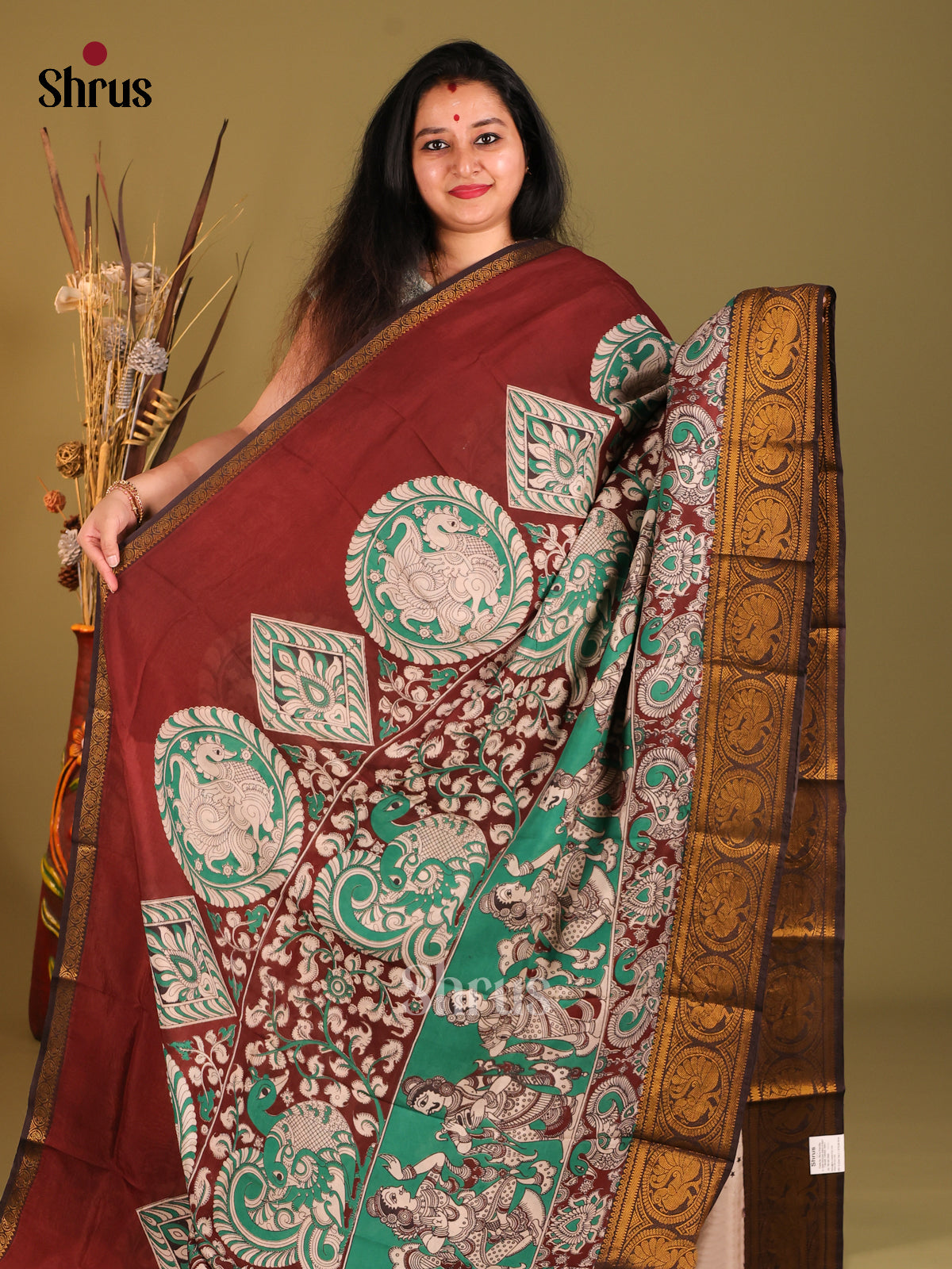 Maroon & Green -Mangalagiri silkcotton Saree -1