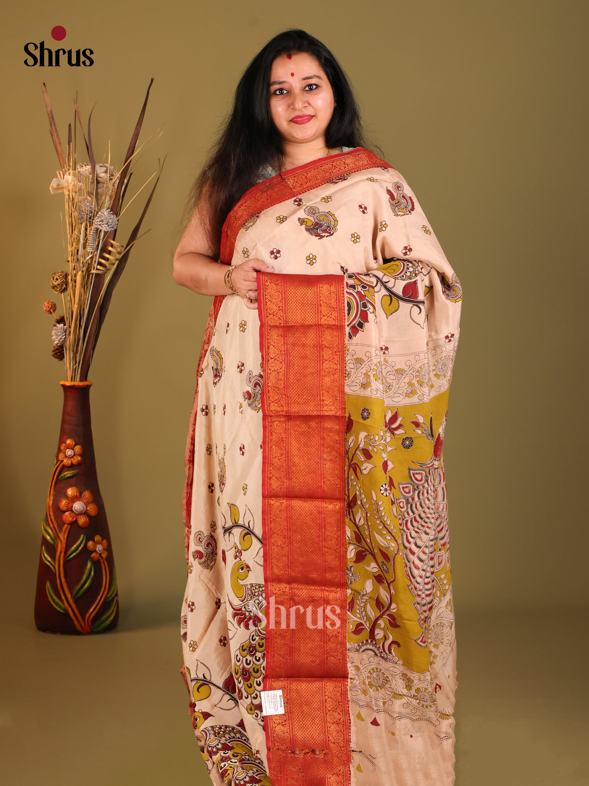 Cream & Red Mangalagiri silkcotton Saree