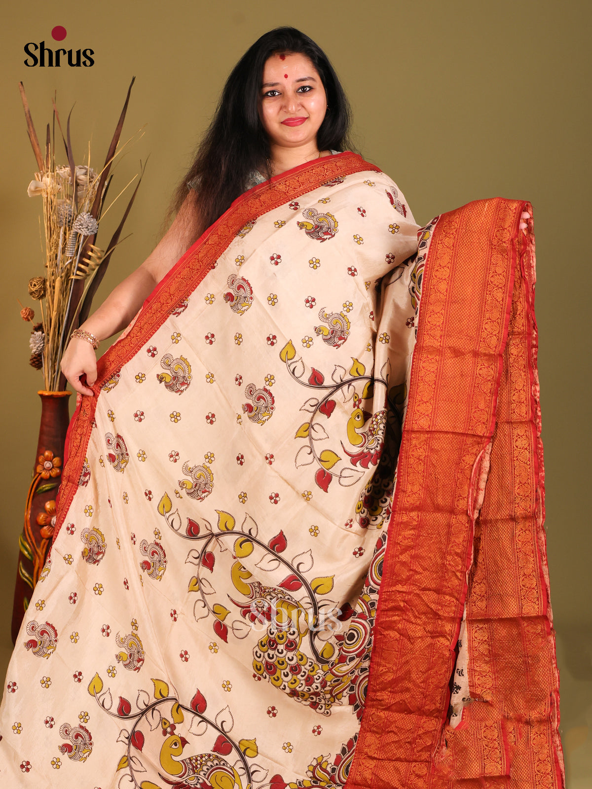 Cream & Red Mangalagiri silkcotton Saree