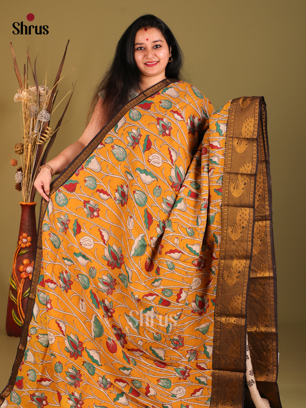 Mustard & Green - Mangalagiri silkcotton Saree -1