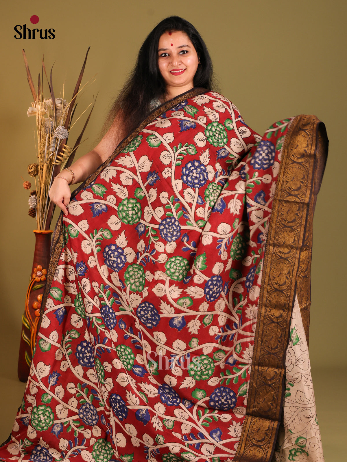 Red & Green - Mangalagiri silkcotton Saree -1