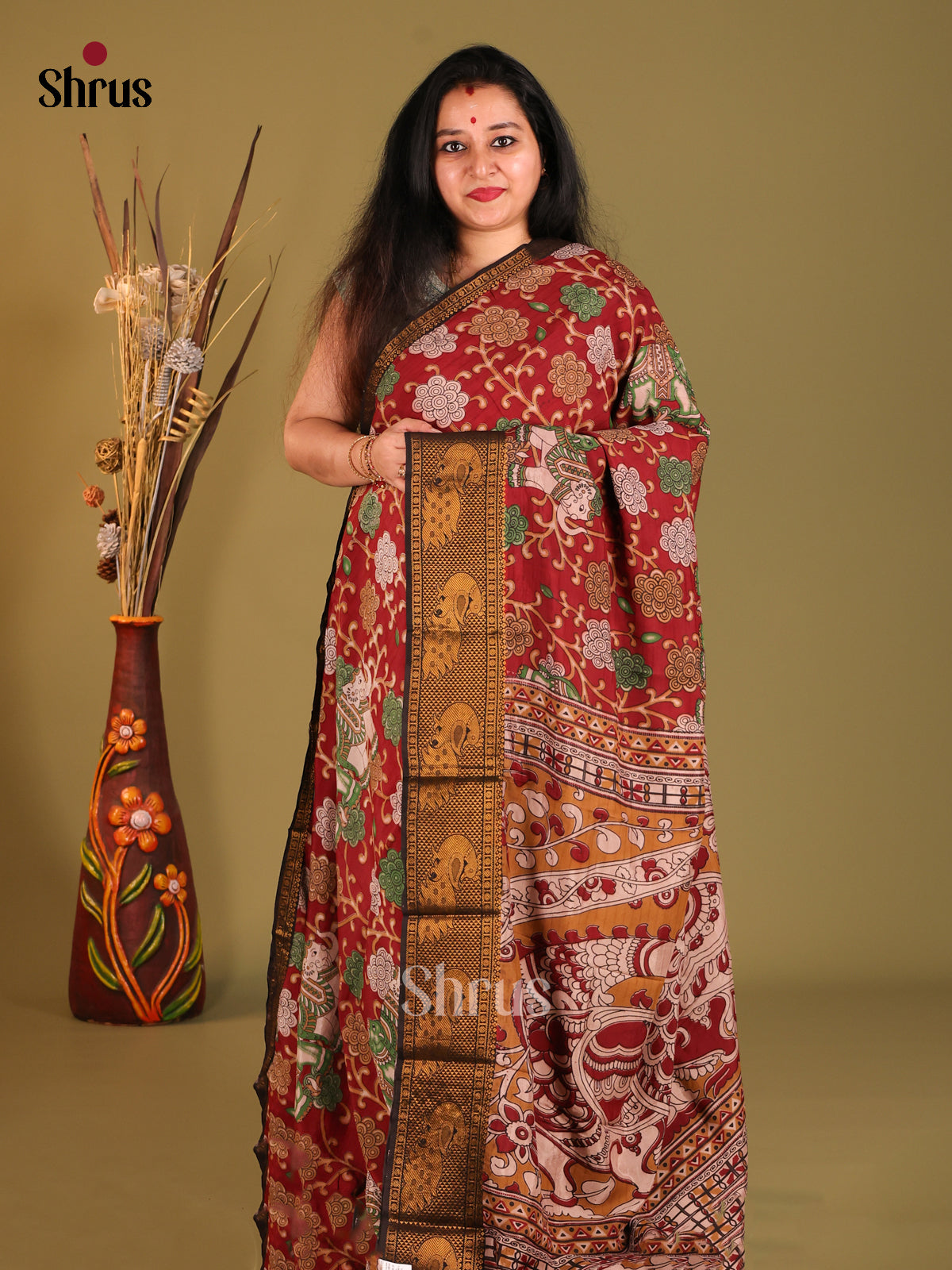 Maroon & Mustard- Mangalagiri silkcotton Saree - Shop on Shrus.com