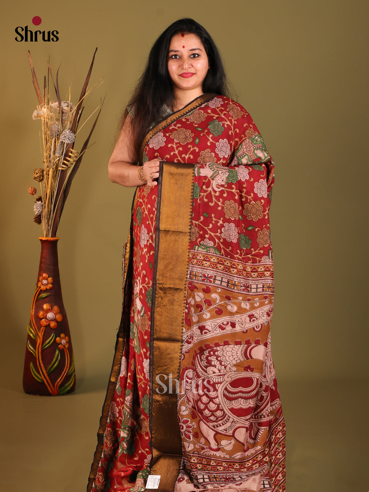 Red & Cream - Mangalagiri silkcotton Saree - Shop on Shrus.com