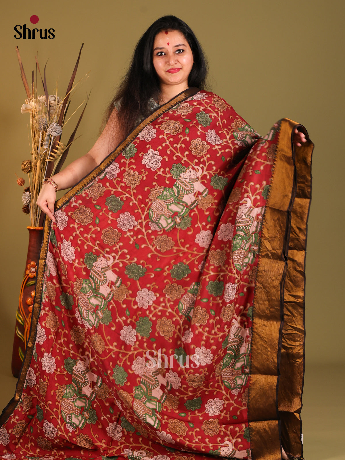 Red & Cream - Mangalagiri silkcotton Saree - Shop on Shrus.com