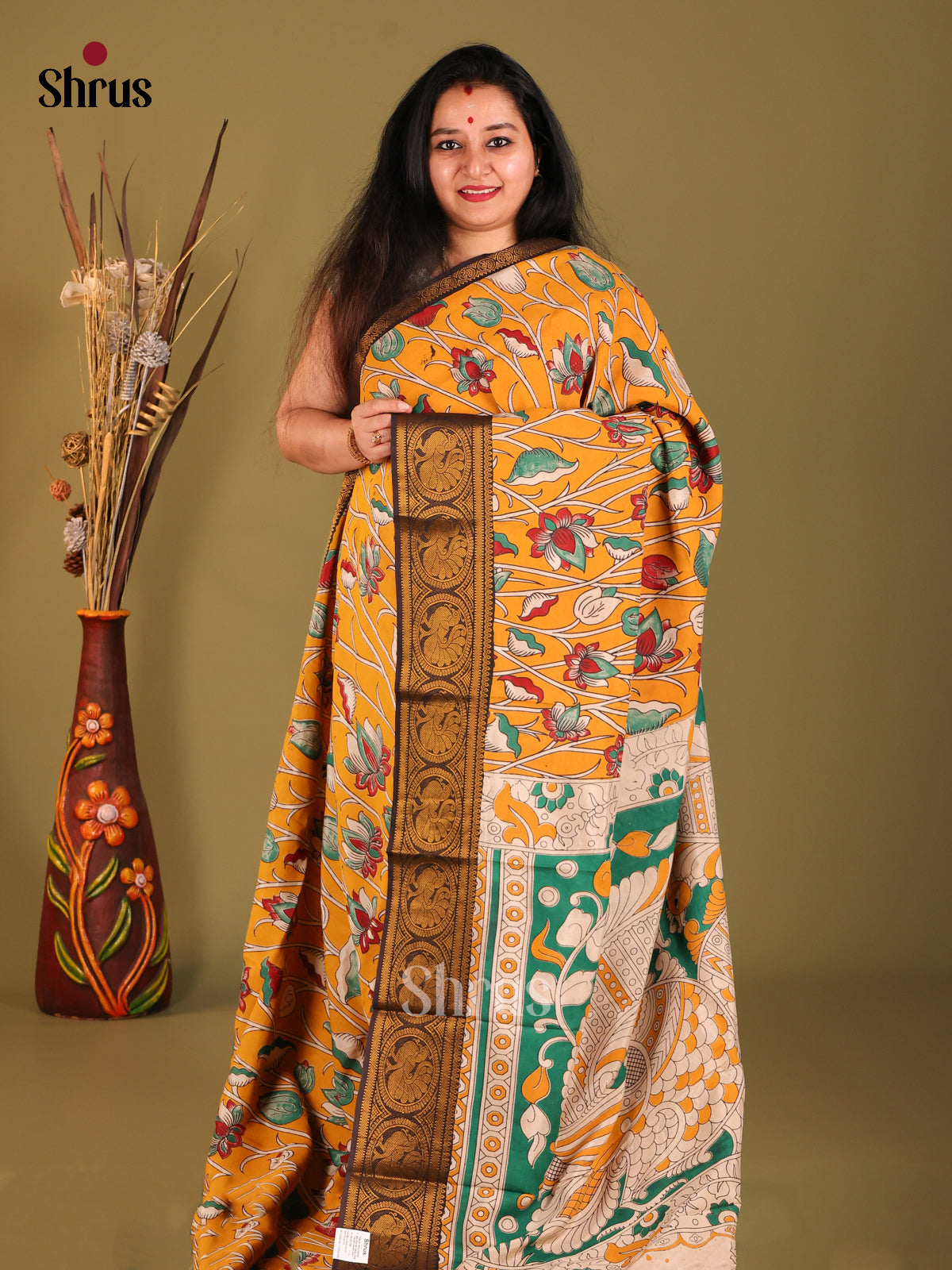 Mustard & - Brown Mangalagiri silkcotton Saree - Shop on Shrus.com