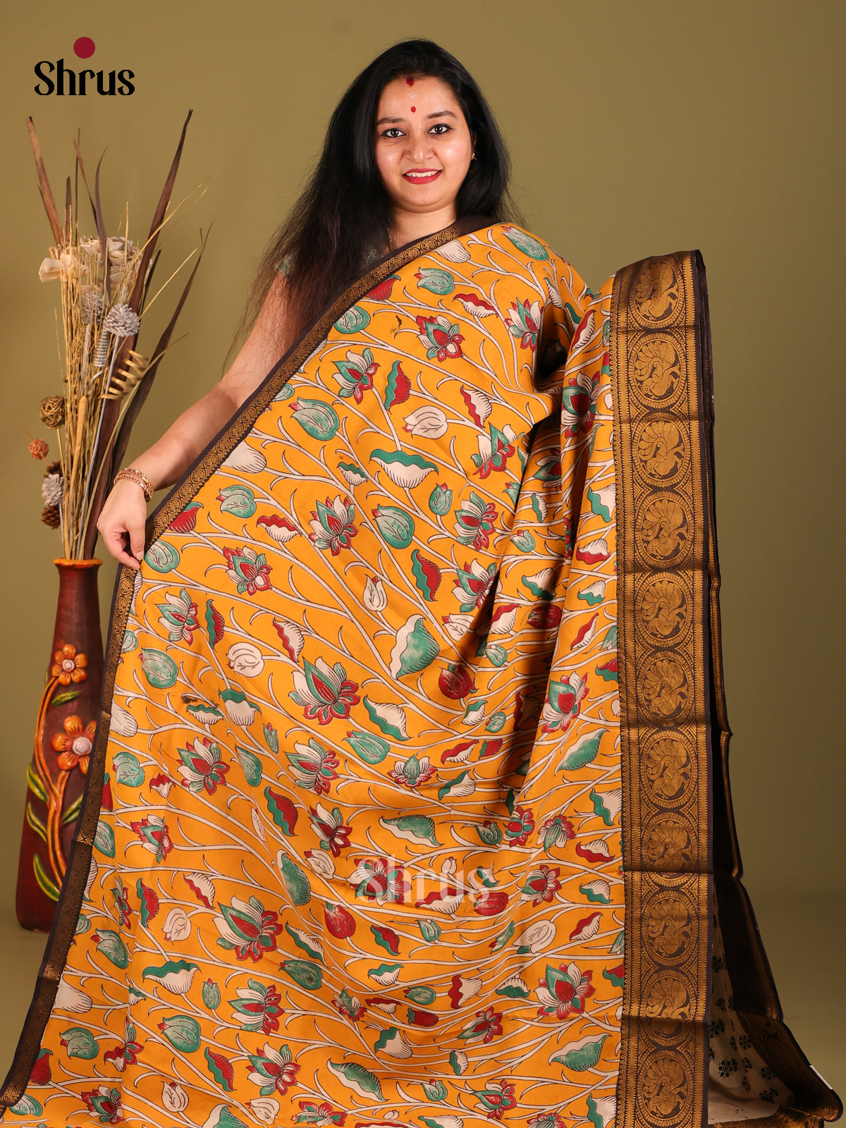 Mustard & - Brown Mangalagiri silkcotton Saree - Shop on Shrus.com