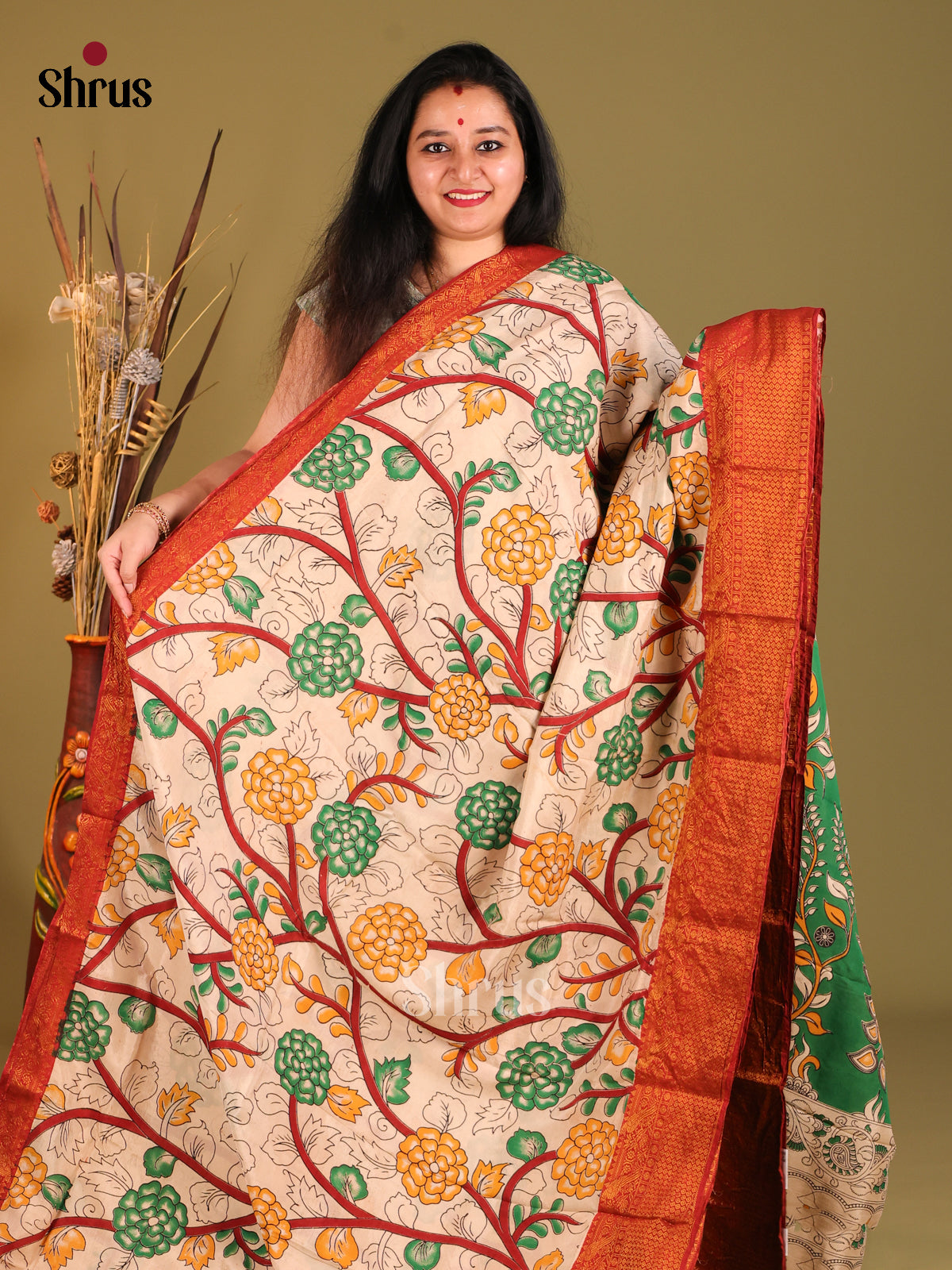 Cream & Red - Mangalagiri silkcotton Saree