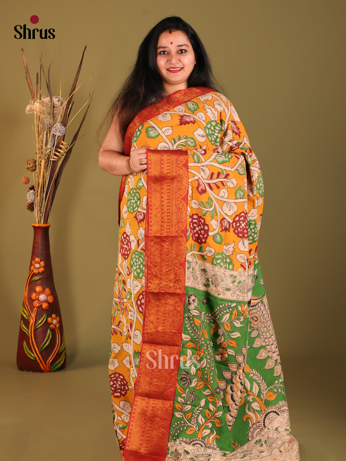 Mustard & Red - Mangalagiri silkcotton Saree