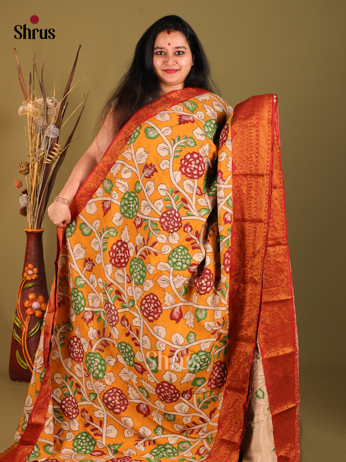 Mustard & Red - Mangalagiri silkcotton Saree -1