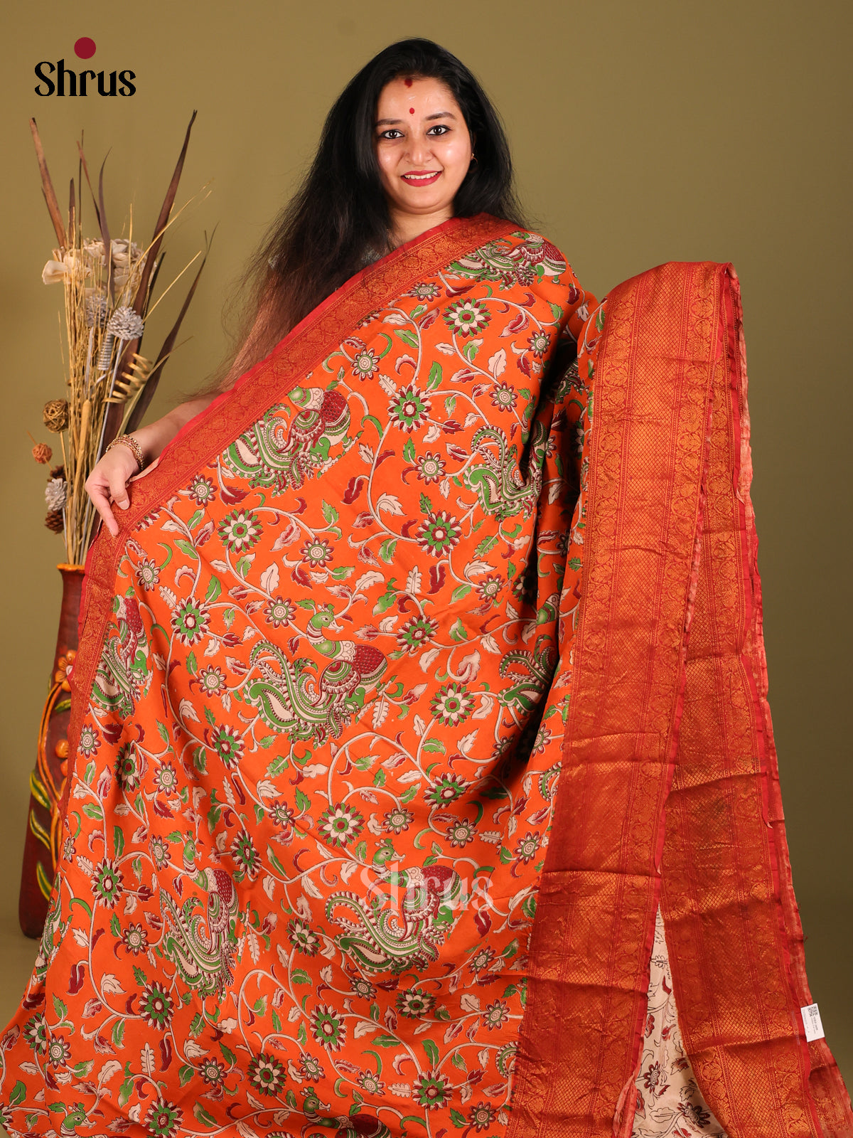 Orange & Red - Mangalagiri silkcotton Saree -1