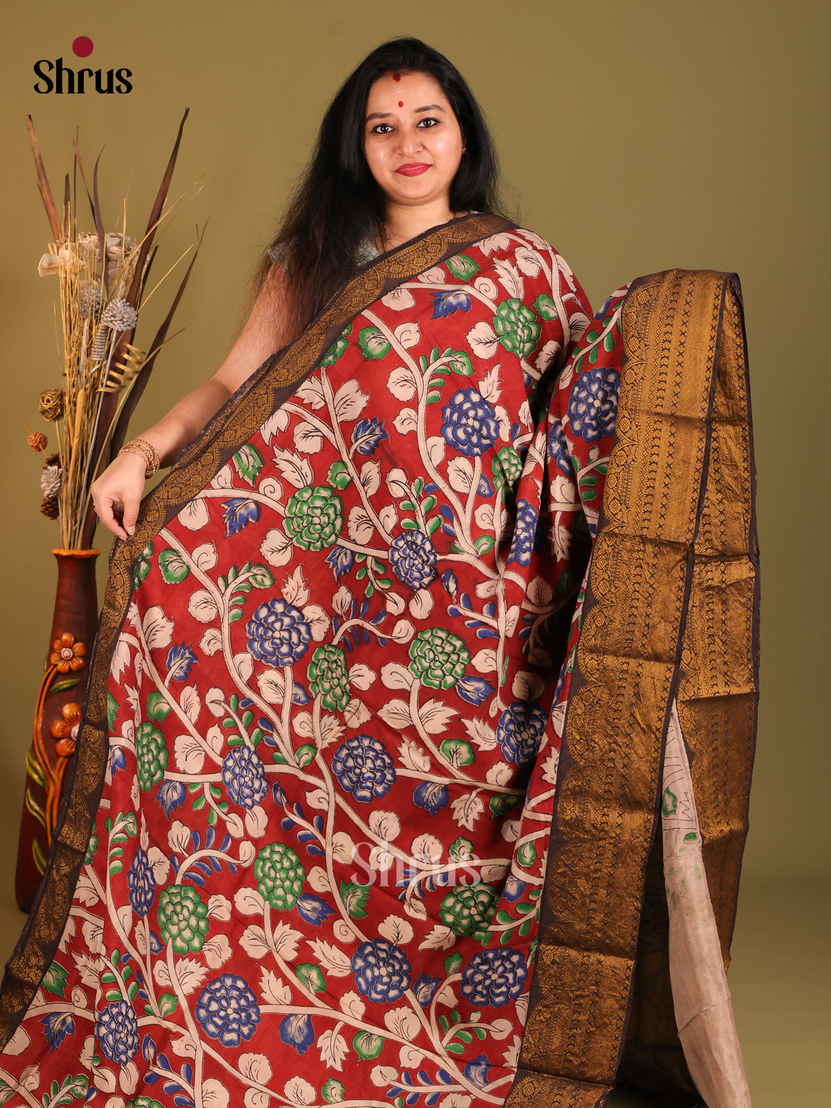 Red & Green -Mangalagiri silkcotton Saree -1