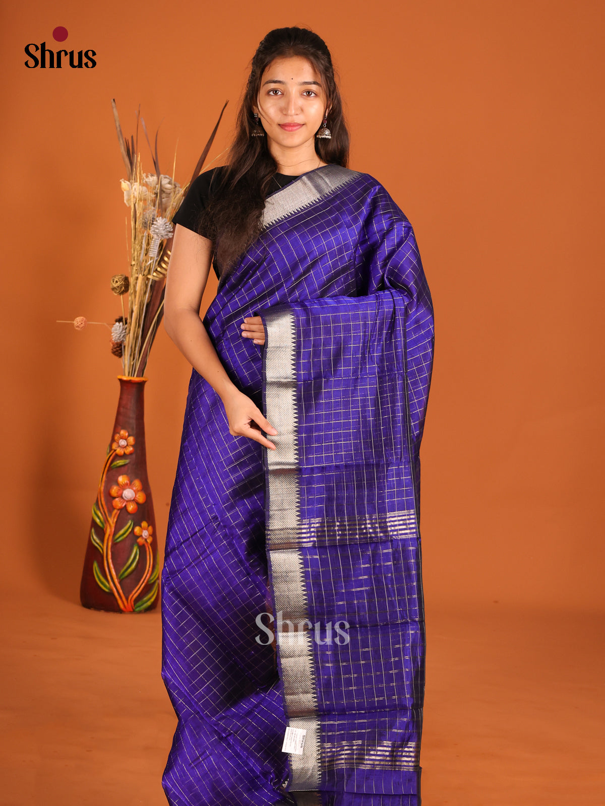 Blue Single tone Mangalagiri silkcotton Saree with zari checks