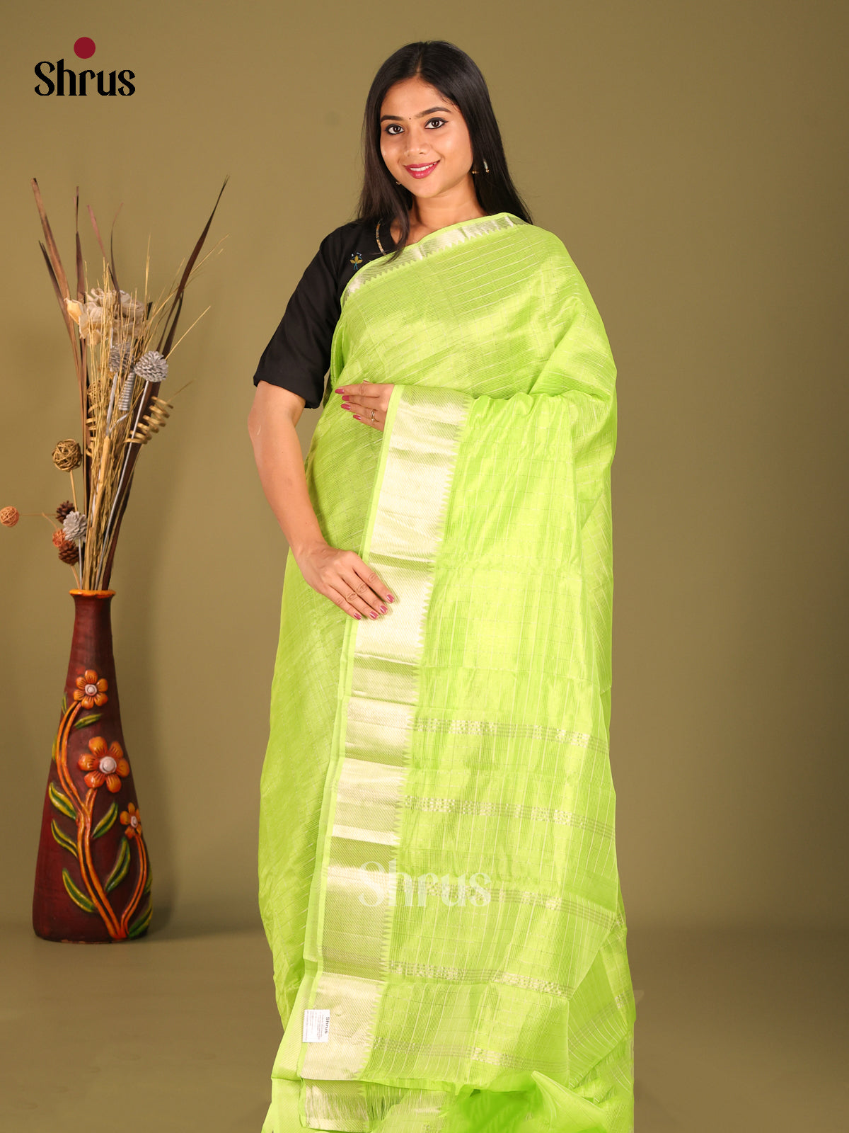 Light Green single tone Mangalagiri silkcotton Saree with zari checks
