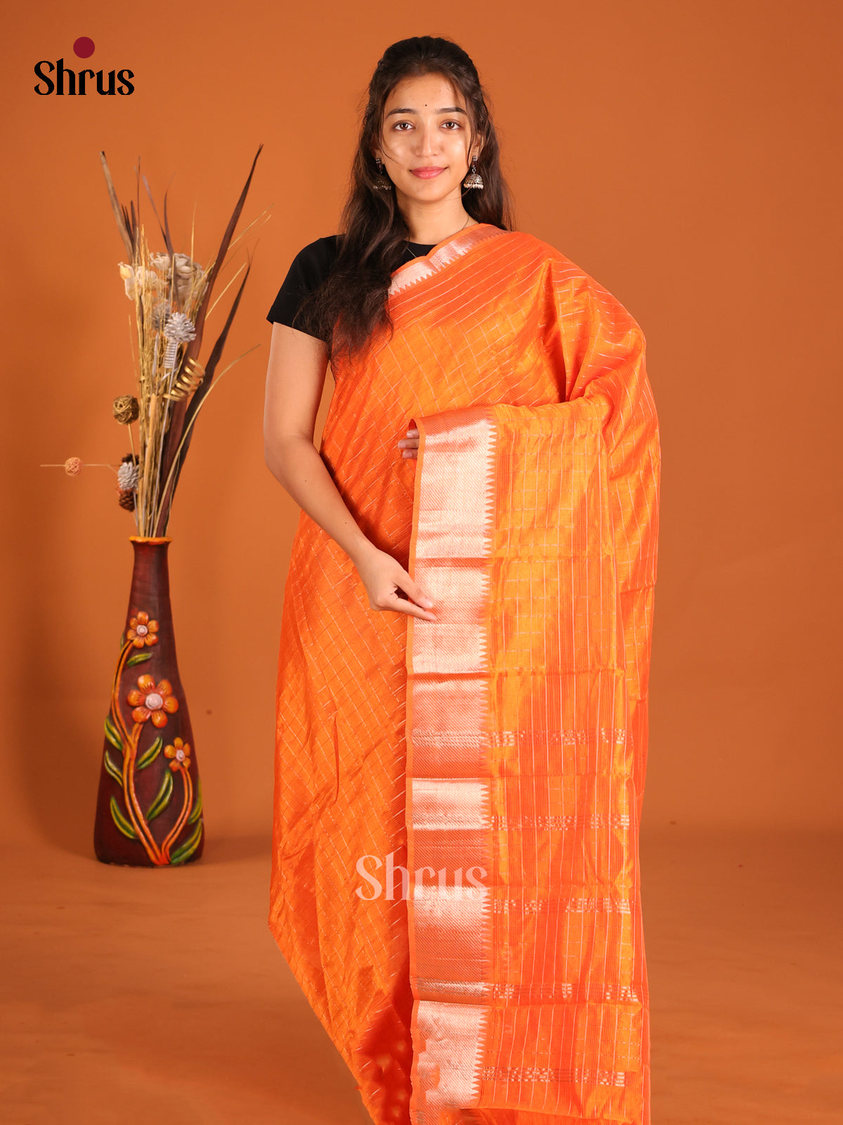 Orange single Tone Mangalagiri silkcotton Saree with zari checks