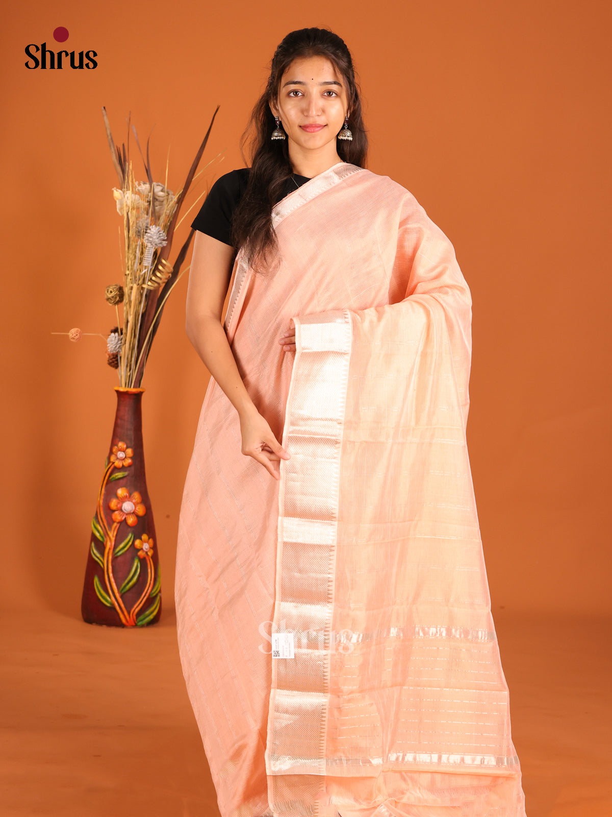 Peach single tone Mangalagiri silkcotton Saree with silver zari border
