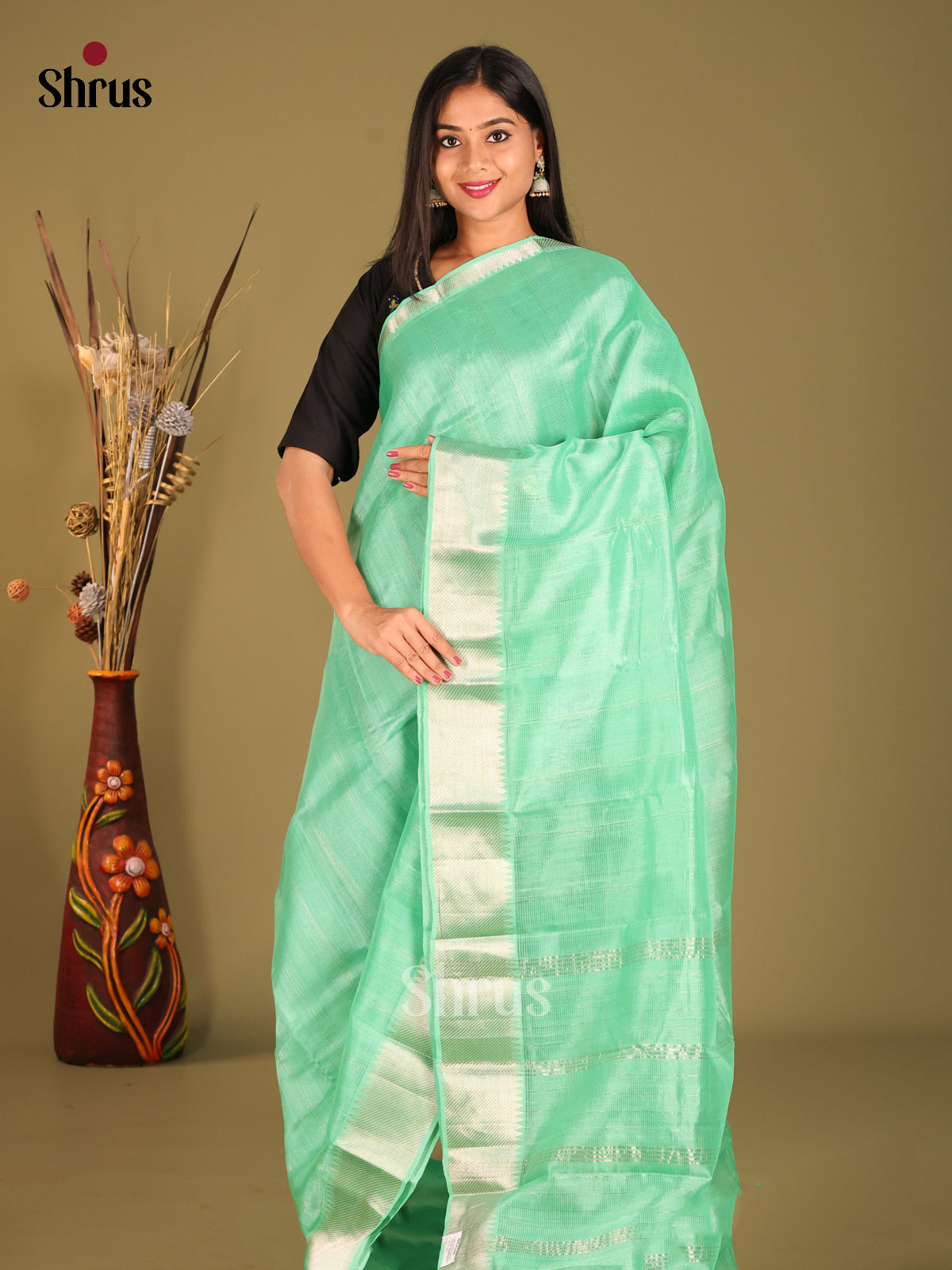 Teal Green single tone Mangalagiri silkcotton Saree with zari stripes
